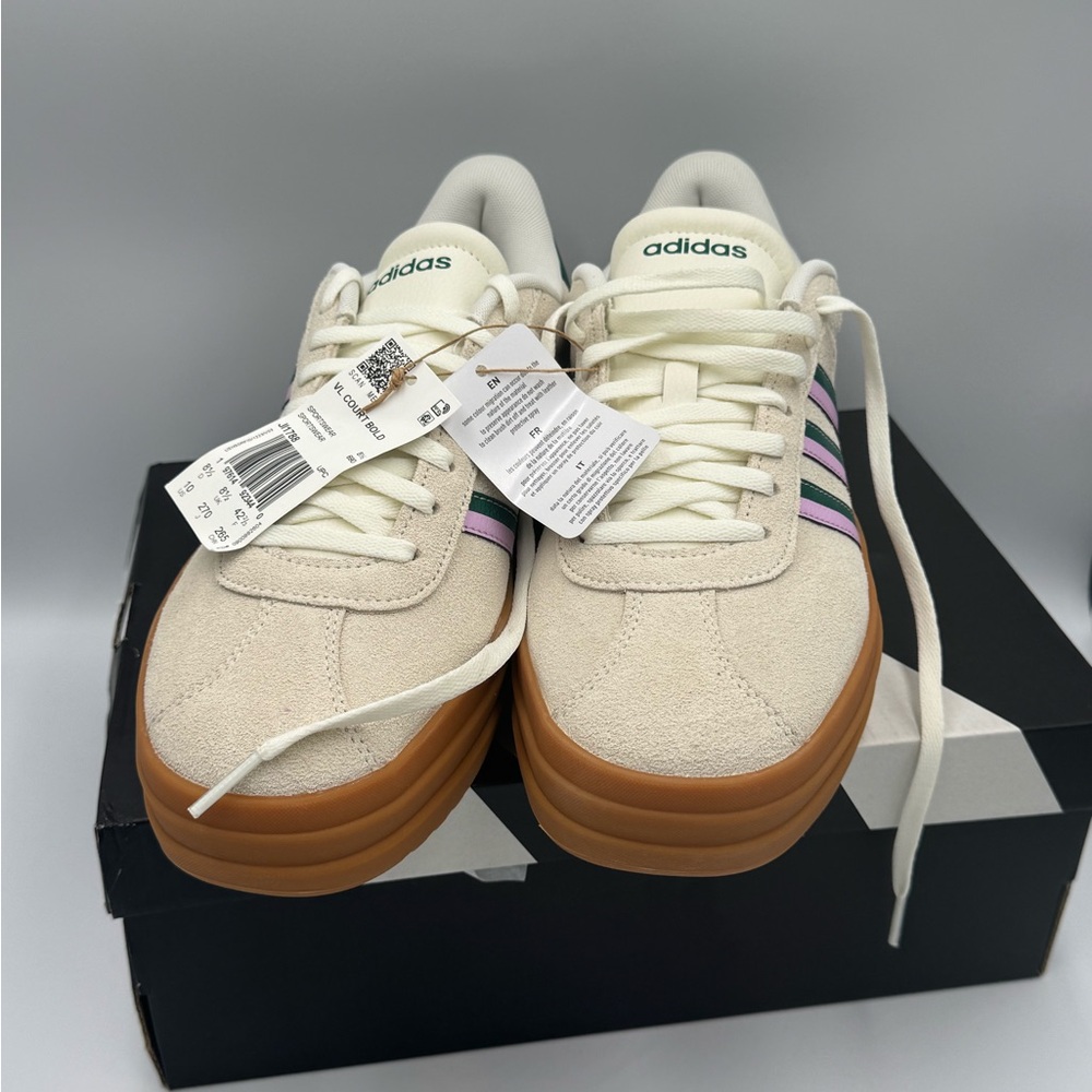 Adidas VL Court Bold Cream Sneakers with Green and Pink Stripes 10womens new - Picture 4 of 9